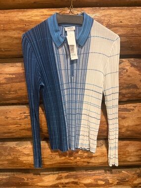 😍Very nice S Akris Punto Contrast Ribbed Polo Sweater in Blue & White